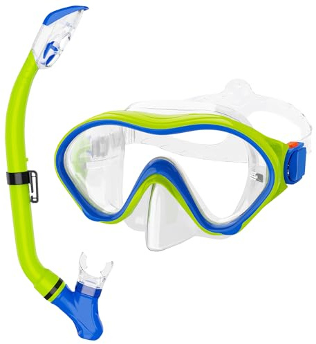 Snorkeling Gear for Kids with Foldable Silicone Full Dry Snorkel, Kids Snorkel Set Anti Leak Youth Junior Snorkeling Package Diving Mask Soft Tube with Mesh Bag Swimming Goggles
