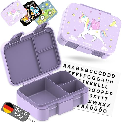 BEARFOOT Bento Box COMPACT Lunchlåda för barn (enhörningslila, 650 ml) | BPA-fri, läckagesäker matlåda med fack, för skola och förskola, för flickor och pojkar, lätt och kompakt