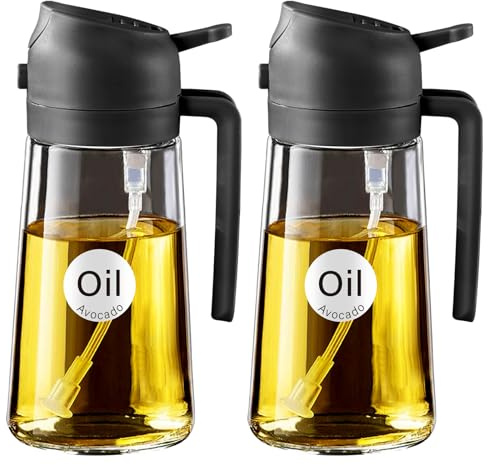 YARRAMATE Oljespray för matlagning, 2-i-1, flaskdispenser för olivolja | 2st 470 ml oljesprayflaska livsmedelssäker, köksredskap, sprejflaska för sallad, fritös, grill (SvartSvart)