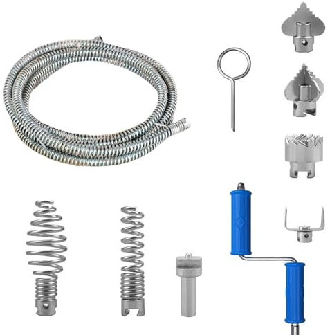 Furet Deboucheur Canalisation 5m, ø12mm, Deboucheur Canalisation Professionnel avec Adaptateurs Manuels, Spirale de Nettoyage de Canalisations pour Toilettes Salle de Bain Canalisation, Argent