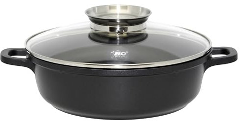 ELO Alucast Servierpfanne 24 cm, rund, mit Glasdeckel und Aromaknopf, aus Aluminiumguss- hochwertige Antihaft Pfanne PFAS-frei mit ELODUR® Select Beschichtung, Servierpfanne Induktion, schwarz