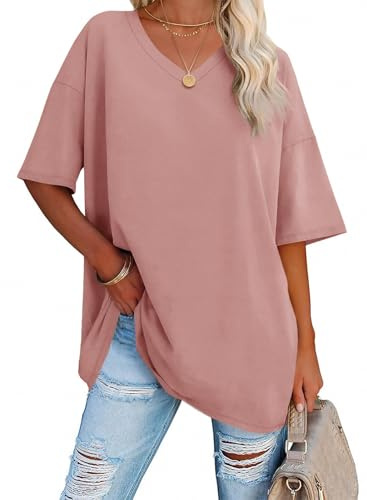 Ebifin Oversized T-Shirt för Dam med V-Ringning, Ljusrosa, XXL