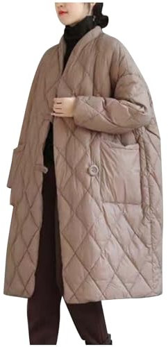 Flodxo Long Winter Coats for Women UK Lightweight Puffer Coats Quilted Padded Down Jackets Casual Oversized Open Front Cardigans with Pockets Warm Outerwear Long Jackets Khaki XL
