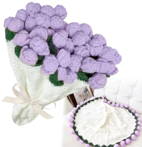 bechoanigel Manta con diseño de ramo de flores de ganchillo, hecha a mano, manta de flores coloridas, regalo para madre, esposa, novia, sofá para cumpleaños, día de la madre, morado, 80×80 cm