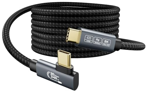 EUDOBEL USB C-kabel 5m lång, (USBC 3.2 Gen 2×2, datakabel 20 Gbps, PD3.1 48V/5A 240W, 90 grader, video 8K@30Hz, 4K@144Hz/ 60Hz) USB C display cable för Thunderbolt 4, MacBook, iPad Pro, Switch, VR