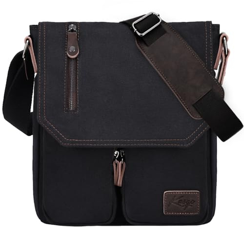 Kasgo Bandolera Hombre Pequeña, Bolso Lona Unisex Bolsa Mensajero Retro Bolso de Hombro Resistente al Agua Bolsos Cruzado Vintage Bolsos Messenger Casual para Escuela Trabajo Viajes (Negro)