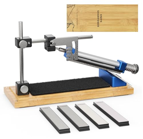Jradse Manuelles Messerschärfer-Set mit Winkelführung – Professionelles Set mit 4 Schleifsteinen für alle Küchen- und Outdoormesser, rutschfester Holzsockel(SJ5424M)