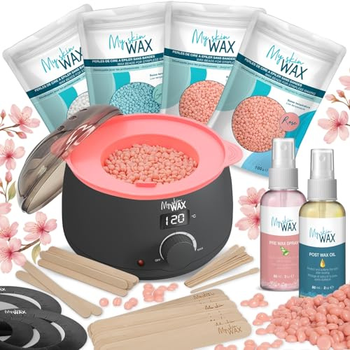 My Skin WAX Kit de chauffe-cire professionnel avec bol en silicone - Chauffe-cire numérique - Kit d'épilation à la cire sans rayures avec 400 g de cire hypoallergénique à basse température - Épilation