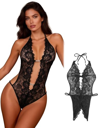 comeondear Lingerie Ouverte Sexy Femme Body Dentelle Grande Taille | Tenue Hot sous-Vêtements Dessous Décolleté en V Dos Nu Ensemble Lingerie Teddy Babydoll Nuisette One-Piece Top Chic Élégants