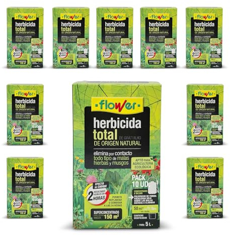 FLOWER x10 Herbicida Total Ecológico Origen Natural 1500 m² | Elimina Mala Hierba y Musgo | Alternativa Glifosato | Resultados 2 Horas | 2500ml + Dosificador Diluir 50L Agua | Súper Concentrado