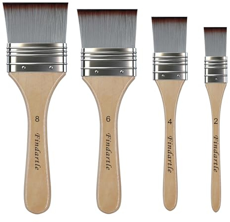 Findartle pennelli piatti, 4 pennello piatto grande per pittura acrilica, acquerello, olio e guazzo, pennelli artistici per colorare grandi superfici, sfumature, illustrazioni, paesaggi (Naturale)