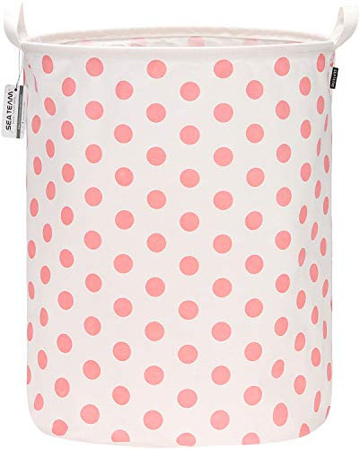 Sea Team 19,7 Zoll große Größe wasserdichte Beschichtung Ramie Cotton Fabric Folding Wäschekorb Eimer Zylindrische Sackleinen Leinwand Aufbewahrungskorb mit stilvollen Pink Dot Design