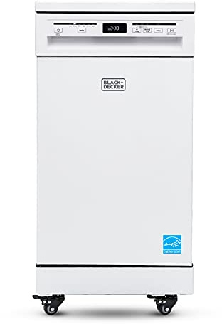 BLACK+DECKER 18” Portable Dishwasher, Compact Dish Washer with 8-Place Setting Capacity, Stainless Steel Tub, 6 Wash Programs, Worktop Space, Mobile Dishwasher with Casters, Faucet Connect, White