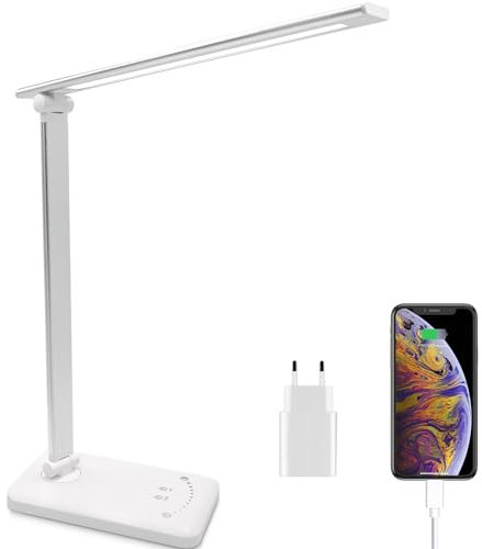 Qualore Lampada da Scrivania, Lampada da Tavolo LED Pieghevole con 5 Livelli di Luminosità, 5 Modalità di Colore, Timer di 30/60min, Protezione Agli Occhi, Funzione di Memoria, Porta di Ricarica USB