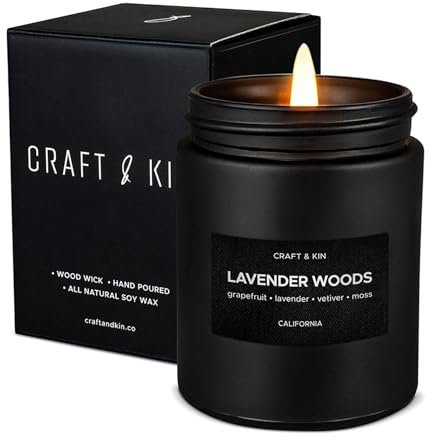Craft & Kin Premium Lavender Woods Candle | Black Scented Candles for Men | Long Lasting with 45 Hour Burn Time, 7.6oz | Soy Candle | Aromatherapy at Home | Gifts for Men