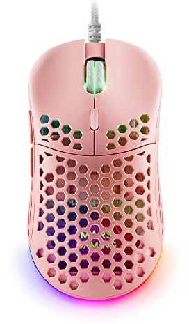 Mars Gaming MM55P rosa, RGB Chroma spelmus, ultralätt 55 g, 12800 DPI, HUANO mekaniska brytare