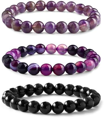 ADRAMATA 3Pcs 8mm Crystal Bead Bracelets for Women Girls Natural Gemstone Amethyst Chakra Crystal Bracelet Black Tourmaline Obsidian Bracelet Set for Women Men
