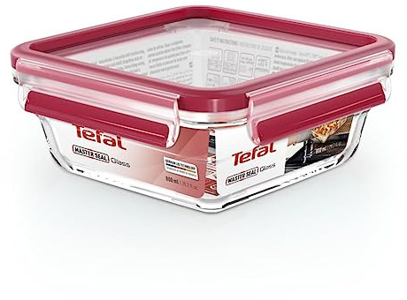 Tefal Masterseal Fresh Verre, Boîte alimentaire carrée 0,8 L, Conservation des aliments, Empilable, Compatible four et congélateur N1041410