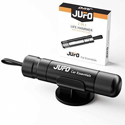JUFO Safe Car Escape Tool, Pro Window Breaker & Seat Belt Cutter, Black | Reusable car safety hammer with spring-loaded emergency car window breaker and built-in seat belt cutter for vehicle escape