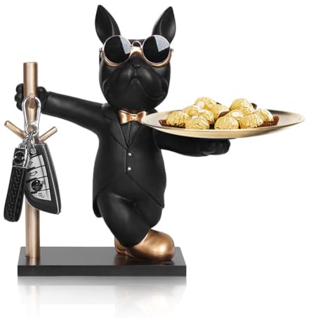 OKESYO Fransk bulldog statyer med bricka, fransk bulldogg, fransk bulldog staty nyckelskål för vardagsrum, entrébord, heminredning