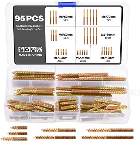 Knpwer 95 Pcs M6 Vis Double Filetage Boulon Longueur,Double Tête Autotaraudeuse,Boulon Fileté à Double Extrémité, À Double Extrémité Bois Pour Bois Meubles Fixation Cheville
