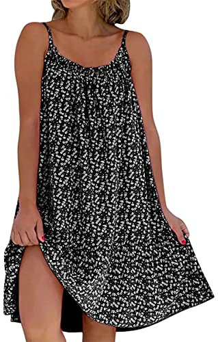 GRMLRPT Robe de Plage Femme Robe Fleurie Bohème Bretelles Spaghetti sans Manche Casual Ete Femme Mi-Longue Robe Col Rond Chic(Multicolore,S-XXL)