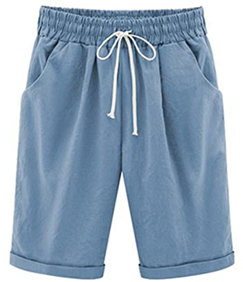 Womens Half Pants Plus Size Knee Length Cotton Linen Shorts with Pockets Summer Solid Beach Vacation Shorts Ladies Straight Leg Trousers Drawstring Elastic Waist Bermuda Shorts Casual Work Shorts