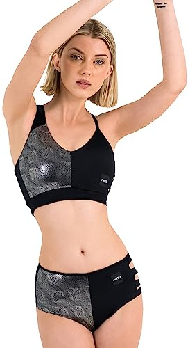 Invertika Conjunto Top y Slip Mujer - Ropa Interior Deportiva - Pole Dance en Lycra Contenitiva Reversible de Doble Cara (L, Negro/Plata)