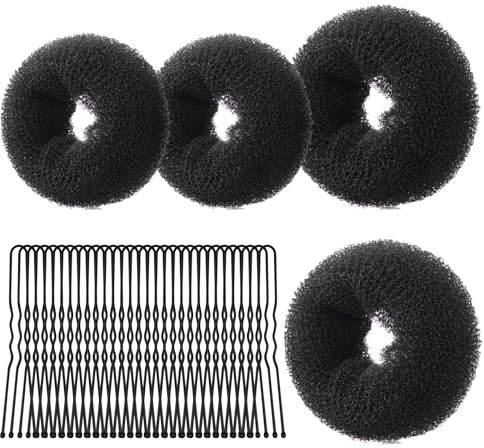URAQT Ciambelle per Chignon, 4 Pz Chignon Facile per Capelli e 30 Clip a Forma di U, Chignon a Ciambella per Bambine e Donne, Magic Hair Bun Maker per Acconciature Chignon, 2 * 6cm+2 * 8cm(Nero)