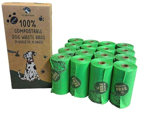 Eco Green Living Sacchetti per Escrementi per Cani Senza Plastica, Progettati per Rompersi in Modo Naturale, Bloccano i Cattivi Odori 4 Rotoli x 15 Sacchetti Confezione da 3