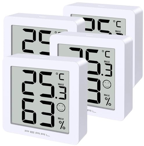 PEARL Raumthermometer: 4er-Set Kompakte Thermo- & Hygrometer, Komfort- & Min./ Max.-Anzeige (Digitales Thermometer, LCD-Digital-Thermometer-Hygrometer, Kühlschrankthermometer)