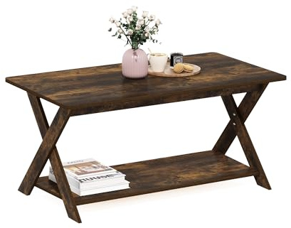 Furinno MODERN SIMPLISTIC Tavolino da caffè, tavolino da caffè moderno rettangolare con gambe a X, tavolino laterale incrociato, per soggiorno, camera da letto, ufficio di casa, Pino ambrato