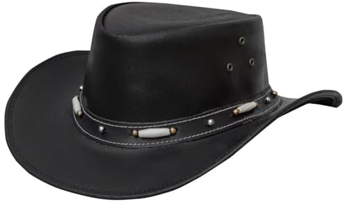 Dream Apparel Black Leather Cowboy Hat for Men Women Western Australian Outback Hat with Shapeable Wide Brim, Aussie Style Leather Hat, Size XL