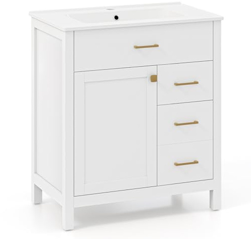 COSTWAY Meuble de Salle de Bain avec Lavabo, 2 Tiroirs Latéraux et Placard avec Porte, Armoire de Rangement sous Lavabo avec Porte Basculante, 76 x 46,5 x 86 cm, Blanc