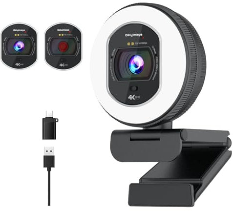 Galyimage Cámara web 4K con luz – Cámara web 4K de enfoque automático TOF, cámara web de 1080p a 60 fps, cubierta de privacidad integrada y micrófonos dobles con cancelación de ruido, Plug & Play