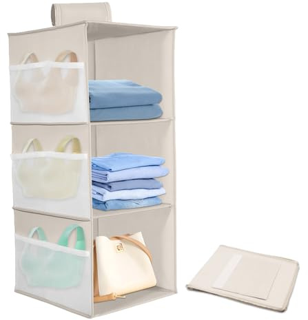 Zyluniy Organizador de Armario Colgante Plegable, con 3 Niveles y Bolsillos, Estantería de Tela para Ahorrar Espacio, para Organizar Ropa, Toallas, Zapatos en el Armario