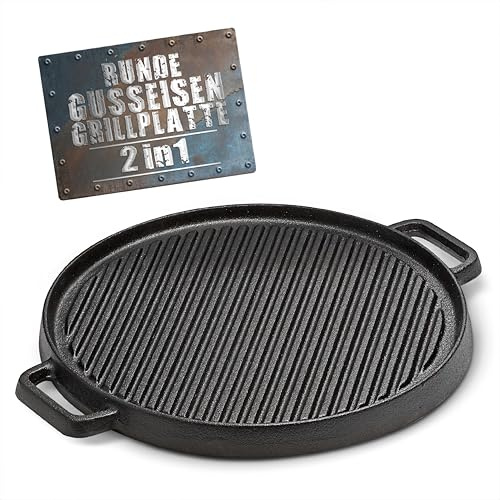 BBQ BOSS grillplatta av gjutjärn [2 i 1] grillgaller – rund grillplatta – tallrik för grillen – vändbar – för grill och ugn – Ø 29,5