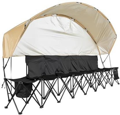 VEVOR Banc Pliant Portable à 6 Places, Banc de Camping Pliable avec Poches de Rangement, Porte-gobelets et Sac de Transport, siège latéral léger avec Pare-Soleil pour Football et Baseball, Noir