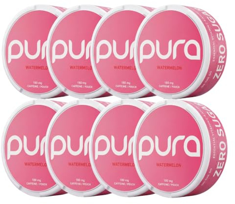 Pura Energy Pouches | 180 mg Naturligt Koffein | Sockerfri Energi med Vitaminer & Aminosyror | 20 per Dosa (8-pack, Watermelon)