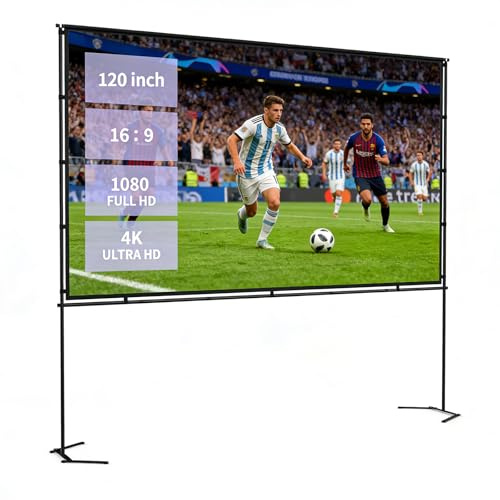 Pantalla Proyector Portátil 120 Pulgadas con Soporte, Marco Rápido Resistente a Arrugas para Interior y Exterior, Pantalla de Proyección 16:9 Compatible 4K HD para Cine en Casa