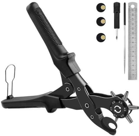 WEGLOK Alicate Sacabocados, Perforadora para Cuero, Cinturón, Cabezal Perforador de 6 Tamaños, Herramienta Sacabocado para Cinturón, Cuero, Pulsera, Tarjeta, Bolso, Cartón, Plástico