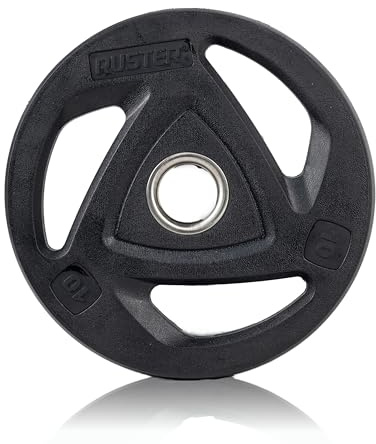 RUSTER Discos de Pesas con Agarre 50 mm de Hierro Recubierto en Goma Natural, Compatibles con Barra Olímpica, Weight Plates para Entrenamiento de Fuerza en Casa y Gimnasio (1,25-25 kg) (Negro, 10kg)