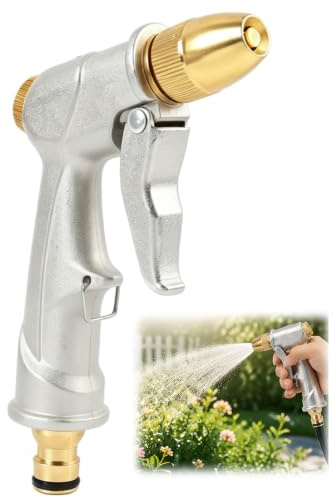 1 pistola de riego de metal de alta presión, pistola de riego de metal sólido con boquilla de latón, pistola de riego de jardín multifunción para riego de césped, lavado de coche y limpieza