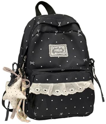 Sac à dos dentelle couverture intégrale quotidien école livresque féminin léger robuste compartiment ordinateur portable -vol bandoulière réglable respirant confortable zip doublure (Black, M)