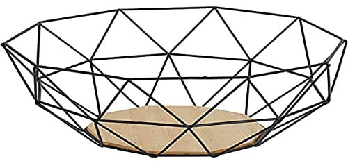 Gusta Obstkorb aus schwarzem Metall mit Holzboden, 26.5x26.5x12cm