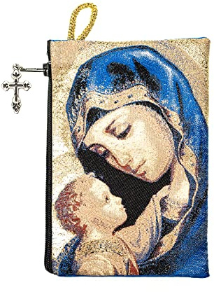 Intercession Hand-Woven, Lined Madonna and Child Rosary Pouch, Made in Turkey with Premium Metallic Thread (Blue - Large)