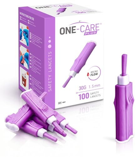 ONE-CARE Plus Safety Lancets, Contact-Activated, 30G x 1.5mm, 100/bx, Single Use Fingerstick Lancets, Easy & Gentle Use, Box of 100