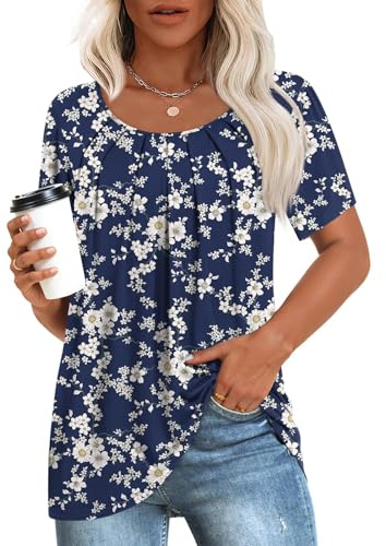 Anymeet Short Sleeve Shirts for Women 2026 Spring Summer Tops Tunic Tops to Wear with Leggings White Floret X-Large