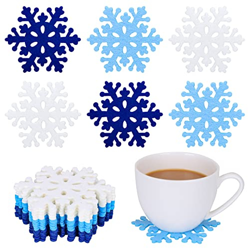 AnyDesign 15 Pack Christmas Snowflake Felt Coasters Blue White Snowflake Tableware Mat Christmas Snowflake Coasters Heat Insulation Drink Tea Coffee Cup Mat for Winter Xmas Holiday Decoration Supplies