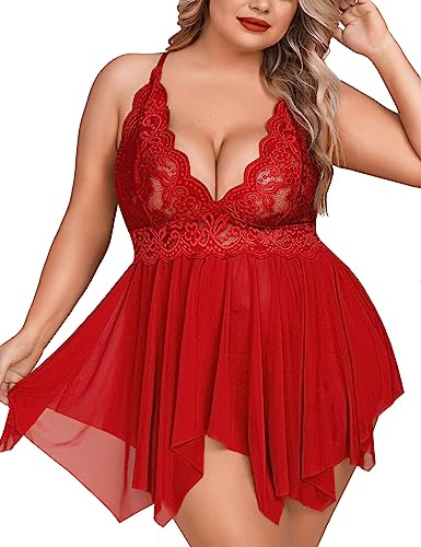 Aranmei Lencería Tallas Grandes Mujer Camisón de Encaje Camisón de Malla Babydoll Lencería Peluche con Broche la Entrepierna
